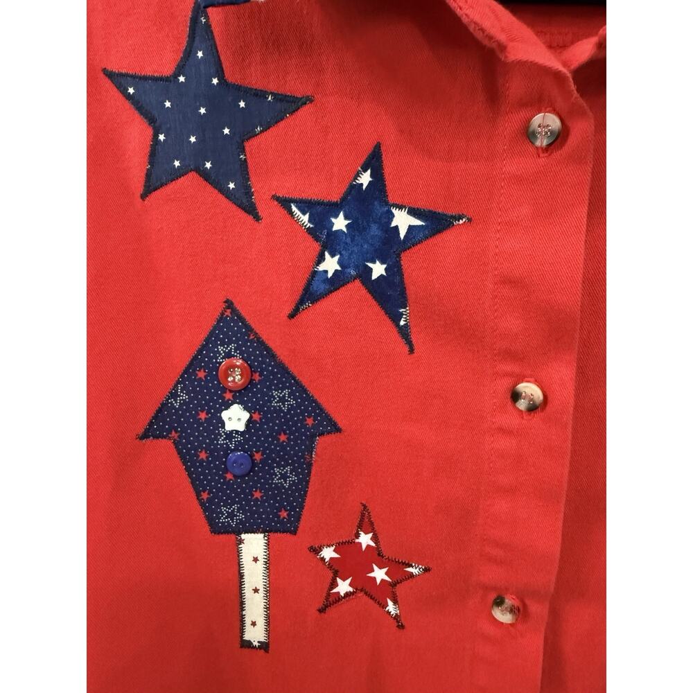 Womens XL Denim Sleeveless Patriotic July 4thButton Down Red Top Cottagecore - Picture 4 of 7